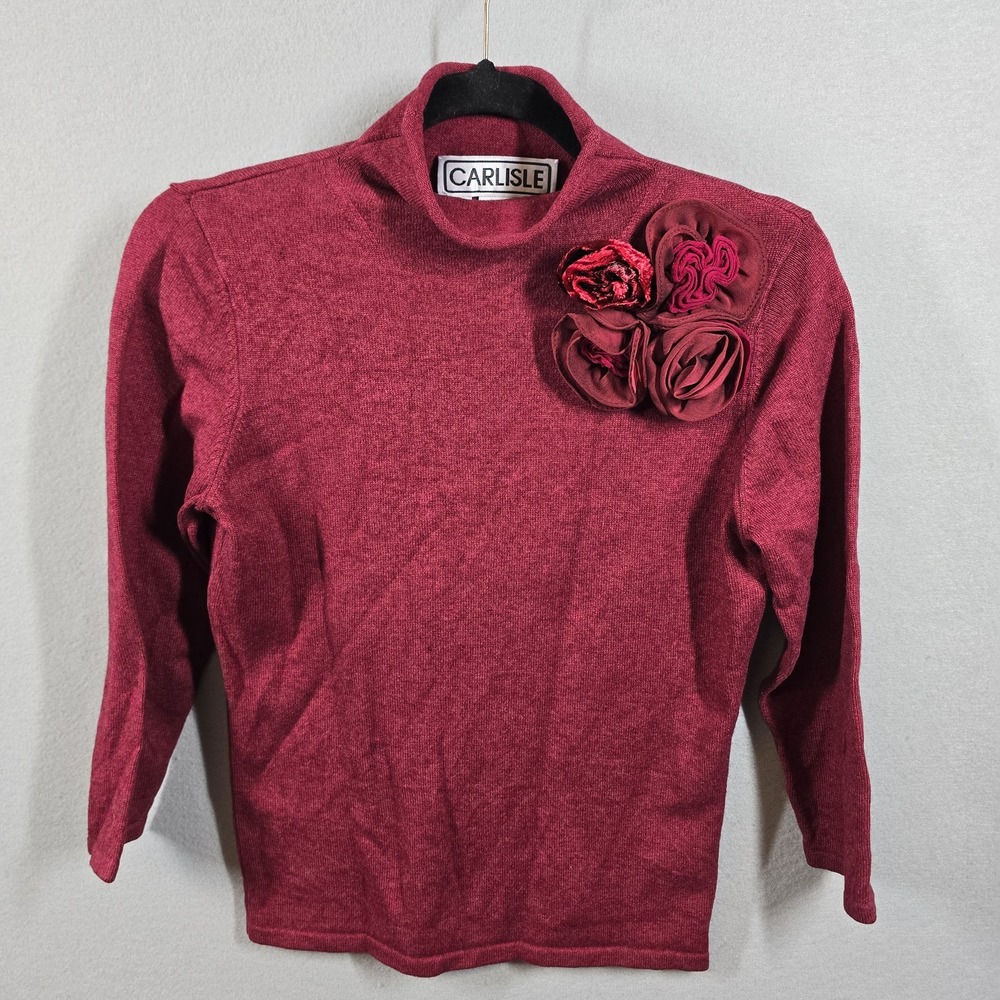 Carlisle Sweater Womens Small Red 3D Flower Embellished Pullover Silk Cashmere